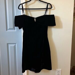 Vintage Black Velvet Mini Dress with Silver Broach